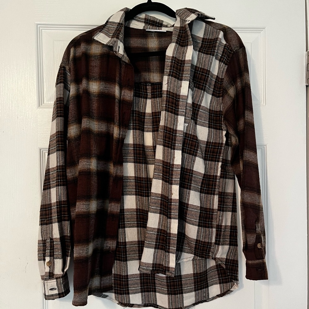 Plaid Button Down Flannel Shirt - Brown and White